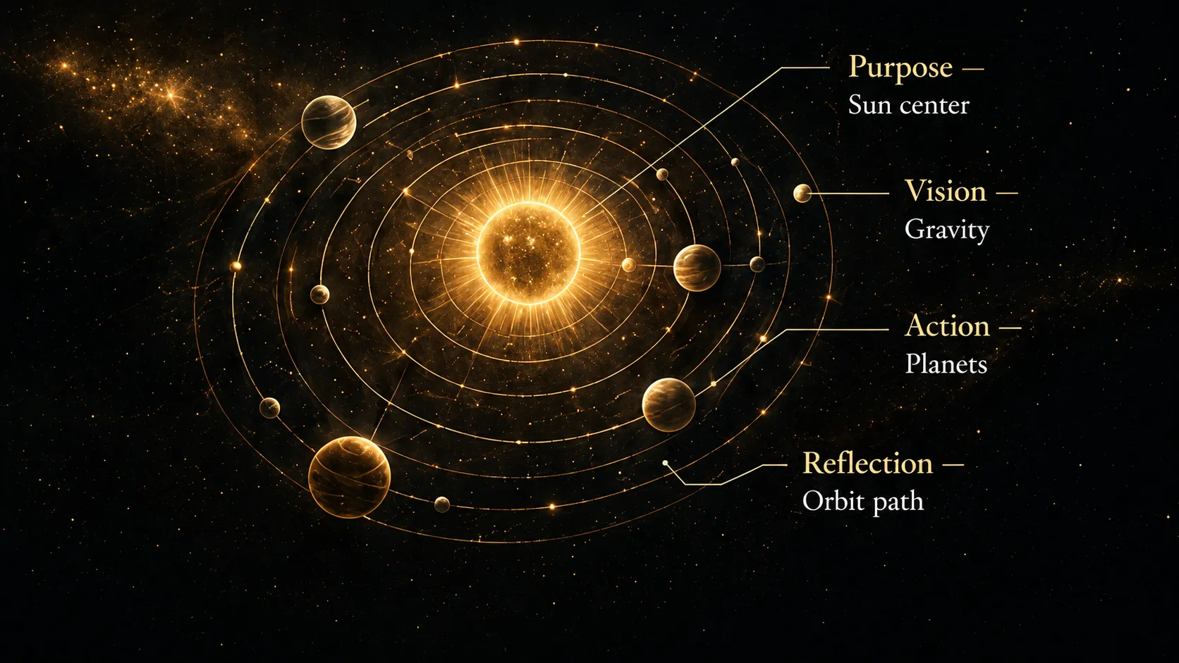 The Orbit framework: Purpose (the Sun), Vision (Gravity), Action (Planets), Reflection (Orbit path)